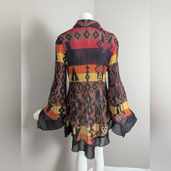 Point Zero Nicole Benisti Vintage Sheer Blouse – Tribal Print Pleated Top – Size - Picture 8 of 12